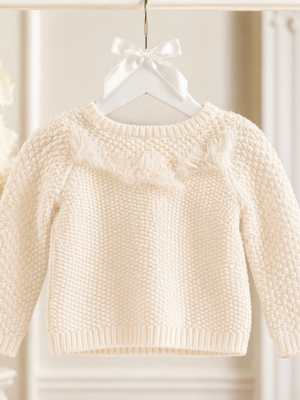 Ivory Chunky Knit Baby Sweater Fringe Detail Button Back Heirloom 18 Month